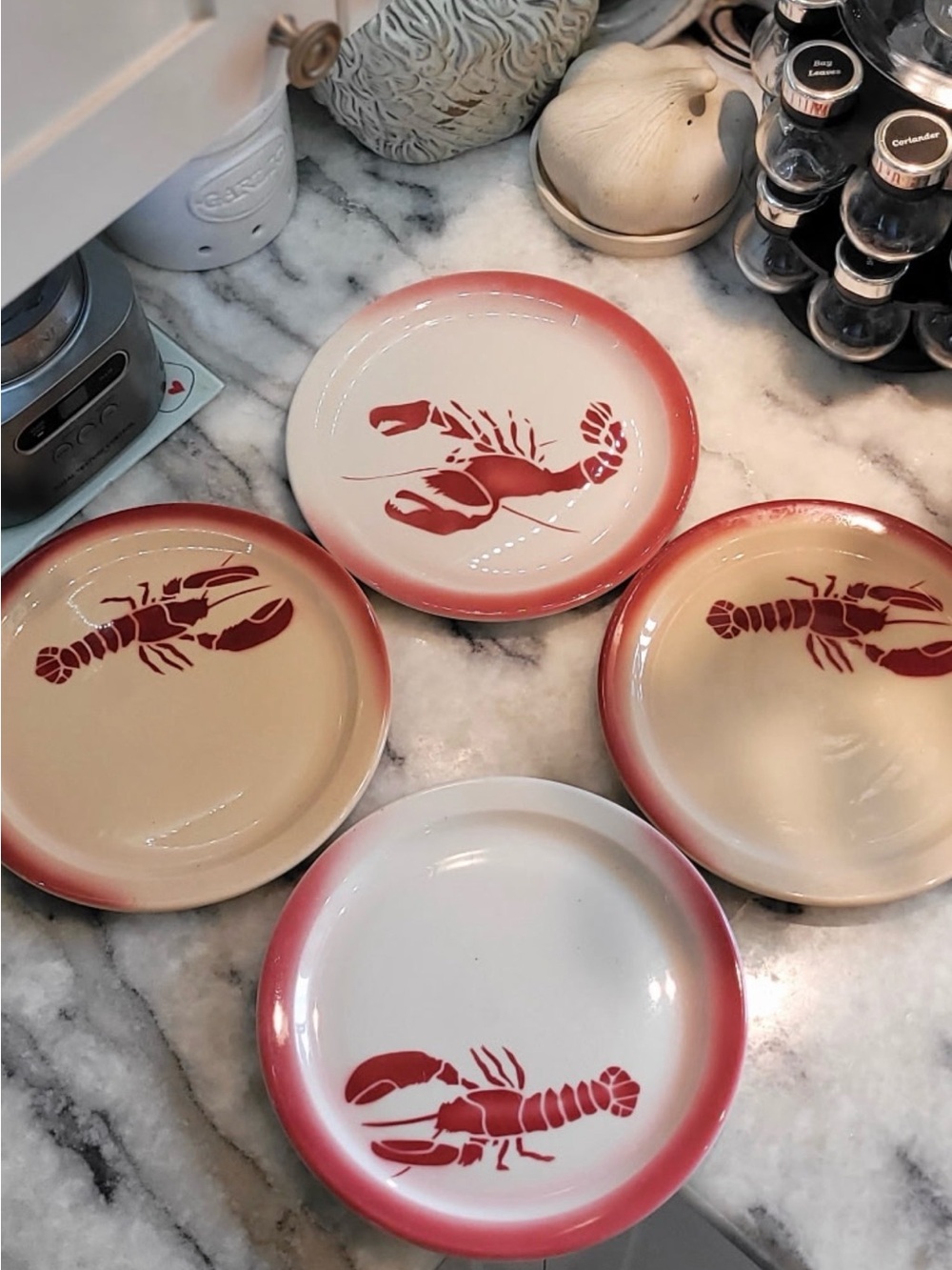 JACKSON CHINA Red and Cream Lobster Ceramic Salad Plates - Set of 4